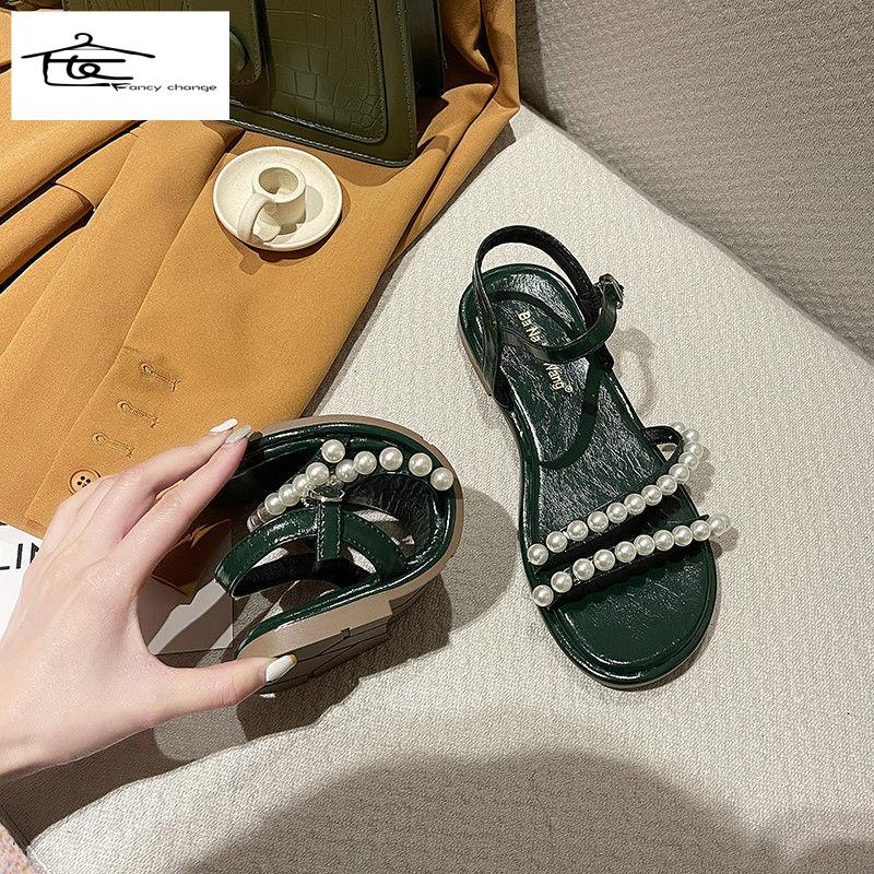 Giày Sandal Đế Bệt 2022 Đính Ngọc Trai Phong Cách La Mã Thời Trang Mùa Hè Hàng Mới Cho Nữ