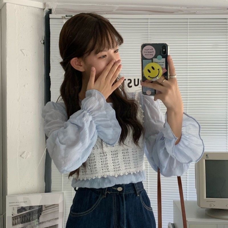 Set Áo Tay Phồng Bánh Bèo + Áo Len Ren Siêu Xinh