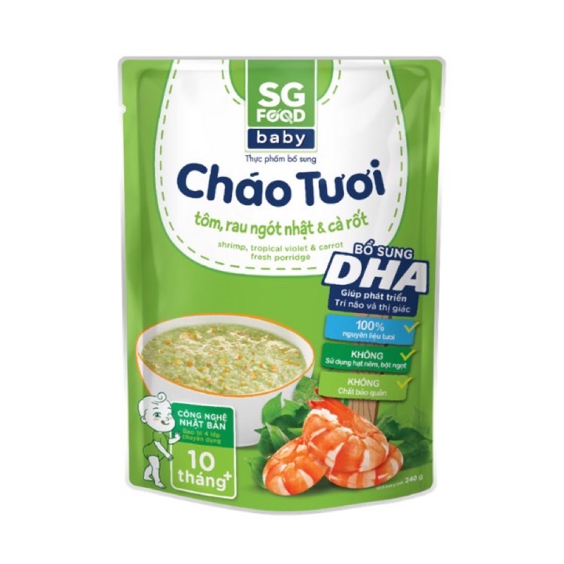 Cháo tươi baby DHA SG Food cho bé đầy đủ dinh dưỡng.