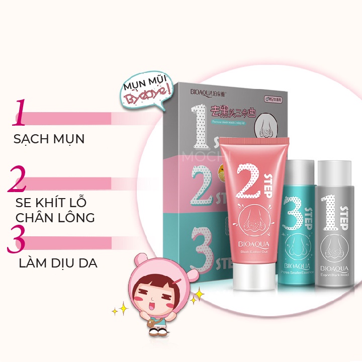 Bộ Set 3 Bước Gel Lột Mụn Đầu Đen Mụn Cám Vùng Mũi l Mask Mặt Nạ Lột Mụn Than Hoạt Tính Bioaqua Nội Địa Trung MOCHI SHOP