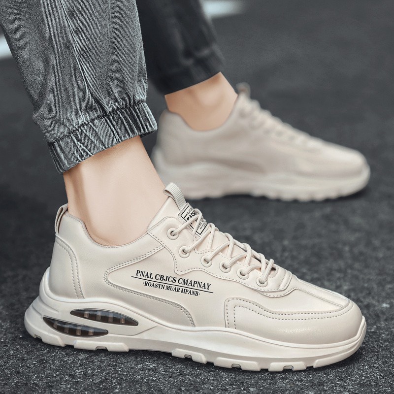 Giày MWC 5345 - Giày Thể Thao Nam, Sneaker Da Trơn Thiết Kế In Chữ Đế Độn Cá Tính Trắng Kem