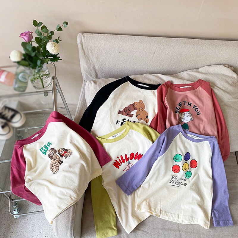 Áo Thun Tay Dài Cổ Tròn In Họa Tiết Hoạt Hình Phong Cách Hàn Quốc Thời Trang Xuân Thu Cho Bé Gái