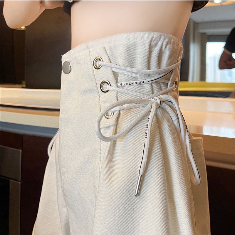 Quần Short Denim Nữ Cạp Cao Ống Rộng Thắt Dây Mùa Hè Hàn Quốc Mới