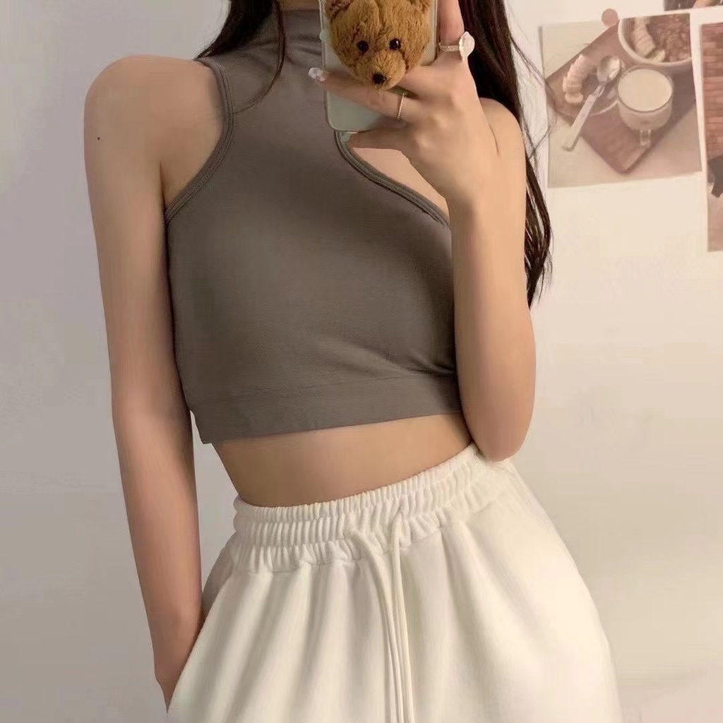 Porozi  Áo croptop sát nách cổ lọ  thiết kế bất đối xứng có đệm ngực phong cách thời trang Hàn Quốc quyến rũ cho nữ