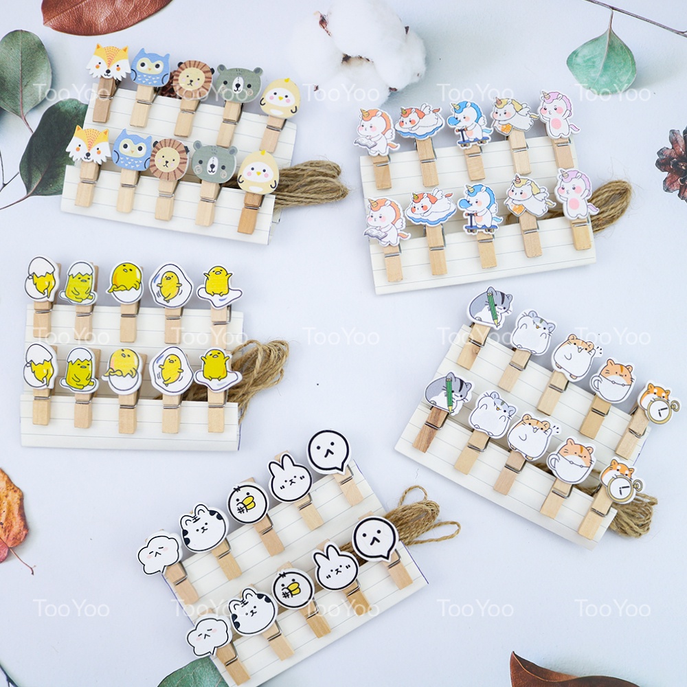 SET 10 Kẹp gỗ treo ảnh chủ đề THÚ CƯNG kèm 140cm dây dễ thương cute TooYoo TY0106