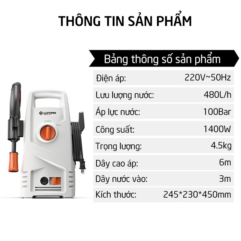 Máy rửa xe mini gia đình, máy rửa xe cao áp công suất mạnh 1400W dây nối dài 9m, dễ dàng sử dụng áp lực cao C0011D4