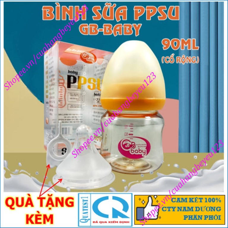 Bình sữa Cổ rộng PPSU Cao cấp 90ML GB Baby (Tặng 1 núm ty GB-baby, Que thông tắc sữa)