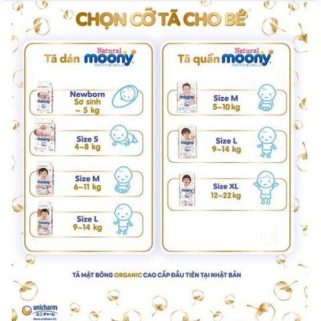 [Nội Địa Nhật]Bỉm Moony Natural dán/quần nb63/s58/m48/l36/xl32