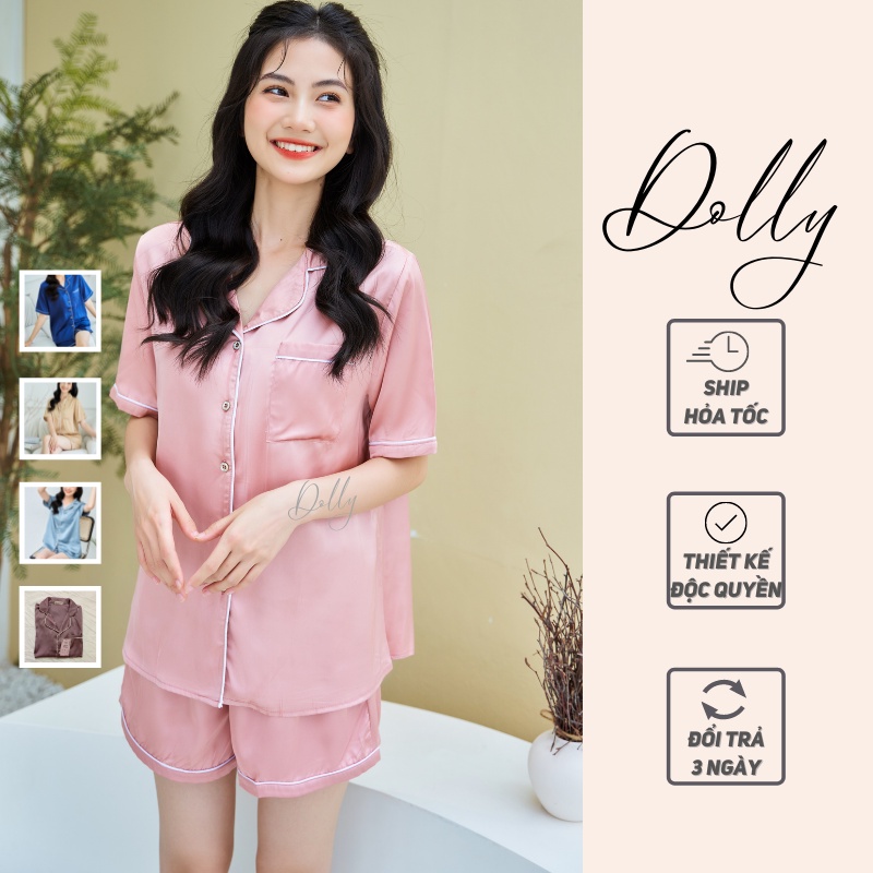 Bộ mặc nhà Pijama lụa trơn cộc tay quần đùi DOLLY SECRET có túi lụa cao cấp CC23
