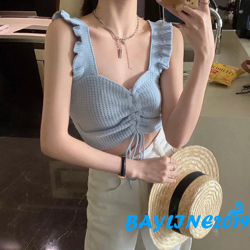 BAY-Women´s Sleeveless Knitted Tank Tops, Solid Color Front Tie-Up Ruffles Decor Backless Vest, Casual Simple Short