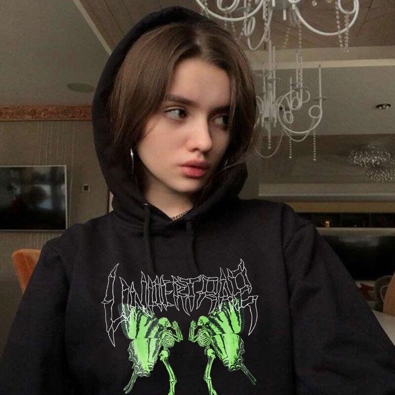 Áo Hoodie Dáng Rộng In Hình Đầu Lâu / Đầu Lâu / Bướm Phong Cách Hip Hop cực chất