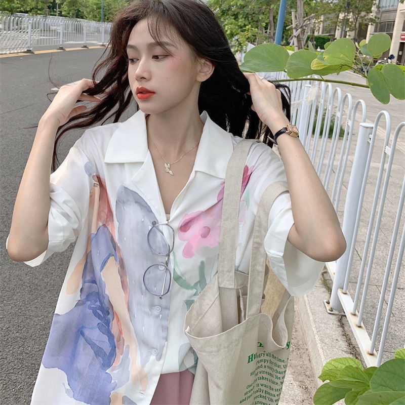 Áo Sơ Mi Tay Ngắn Dáng Rộng In Họa Tiết Thắt Cà Vạt Phong Cách Hàn Quốc Thời Trang Mùa Hè Mới Cho Nữ