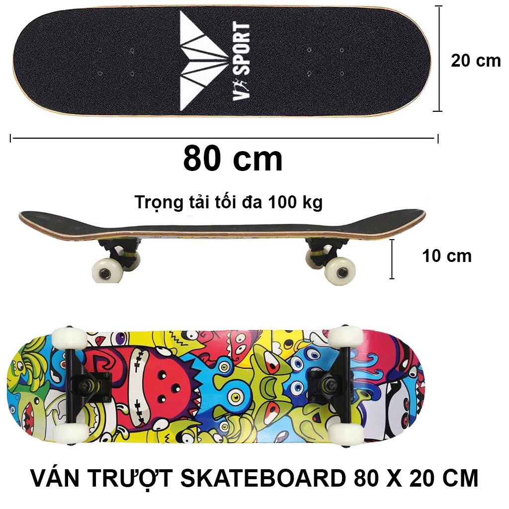 Ván trượt, ván trượt thể thao người lớn mặt nhám Skateboard kích thước 80x20x10 cm