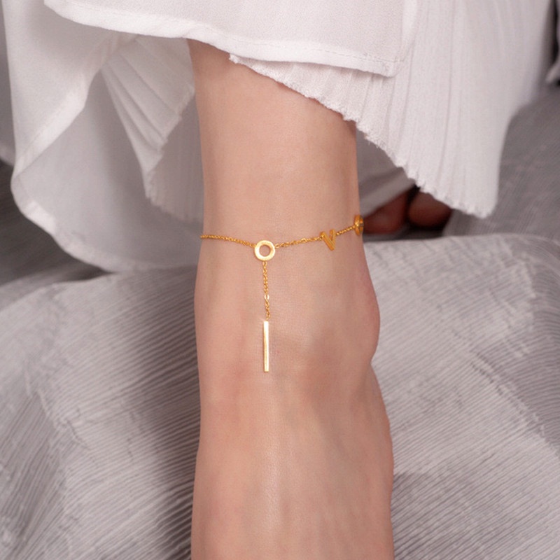 Lắc chân Titan Nữ chống gỉ &quot;LOVE&quot; Vàng 18k Phụ kiện trang sức Hàn Quốc