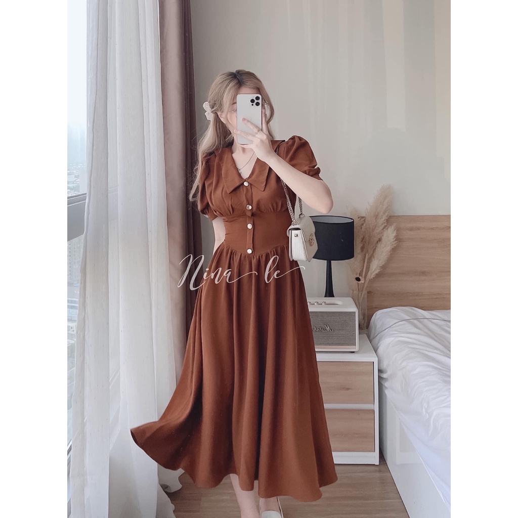 Đầm Váy Nữ Xoè Cổ Bẻ Viền Nút Tay Phồng Tiểu Thư