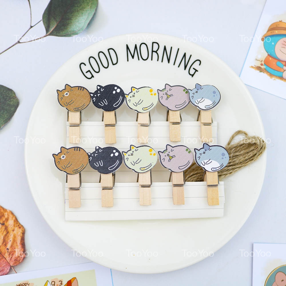 SET 10 Kẹp gỗ treo ảnh chủ đề MÈO kèm 140cm dây dễ thương cute TooYoo TY0240