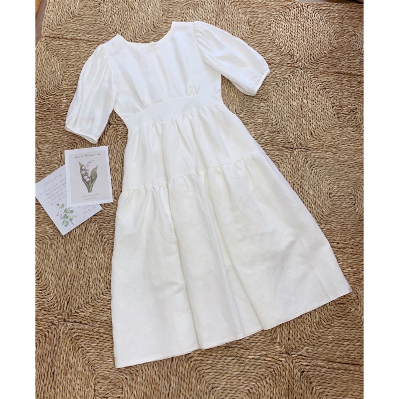 Đầm linen tưng premium tay nhíu tầng, dài 105cm, mã mm6