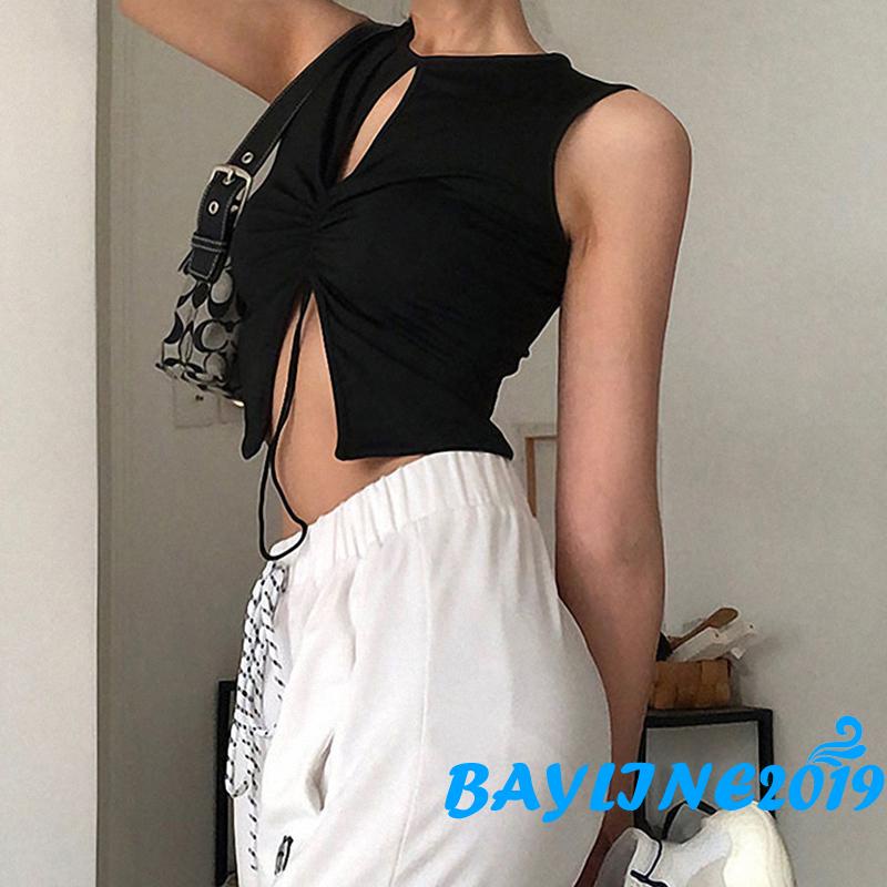 Áo croptop không tay màu trơn thiết kế khoét lỗ có dây rút thời trang mùa hè màu đen cho nữ