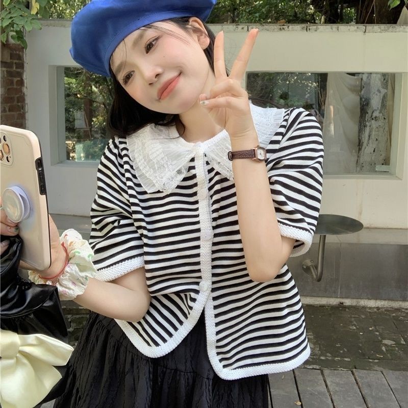 Áo Len Ngắn Tay Họa Tiết Kẻ Sọc Màu Sắc Tương Phản Phong Cách retro Thời Trang Hàn Quốc