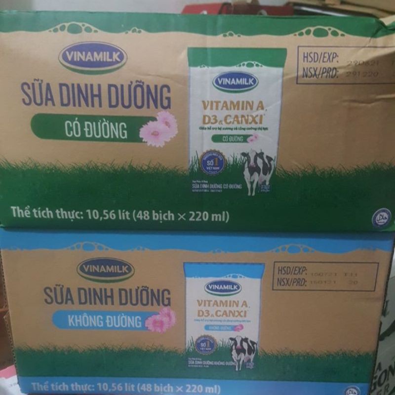 Thùng sữa vinamilk túi 220ml có đường, ít đường, không đường, socola