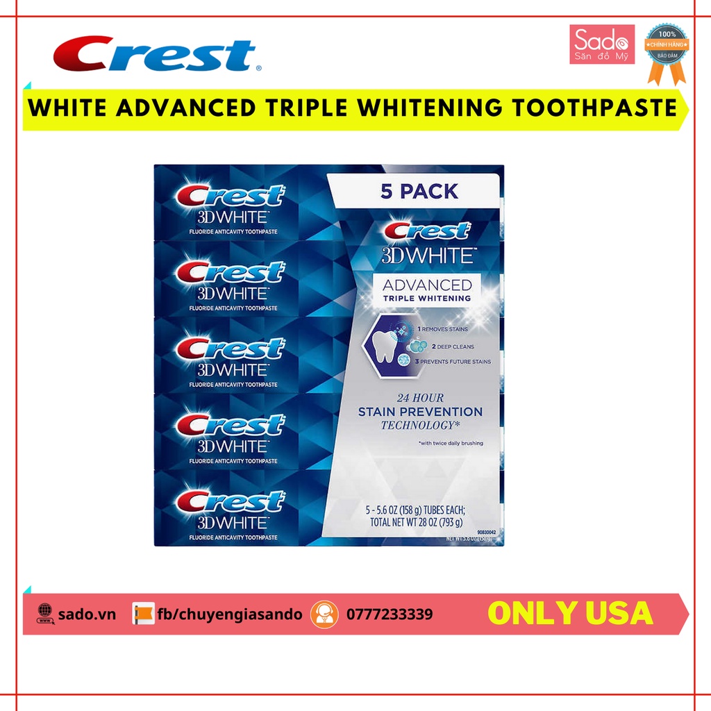 [MỚI] KEM ĐÁNH RĂNG CREST 3D WHITE ADVANCED 158gr HÀNG MỸ 100% AUTHENTIC