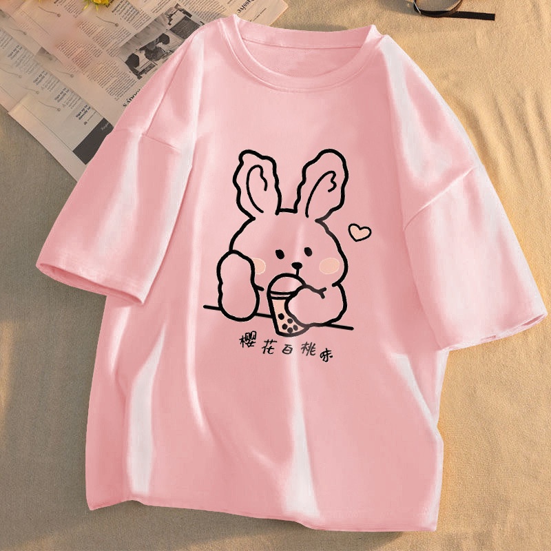 Áo thun IELGY cổ tròn tay ngắn dáng rộng in họa tiết hoạt hình dễ thương thời trang cho nữ