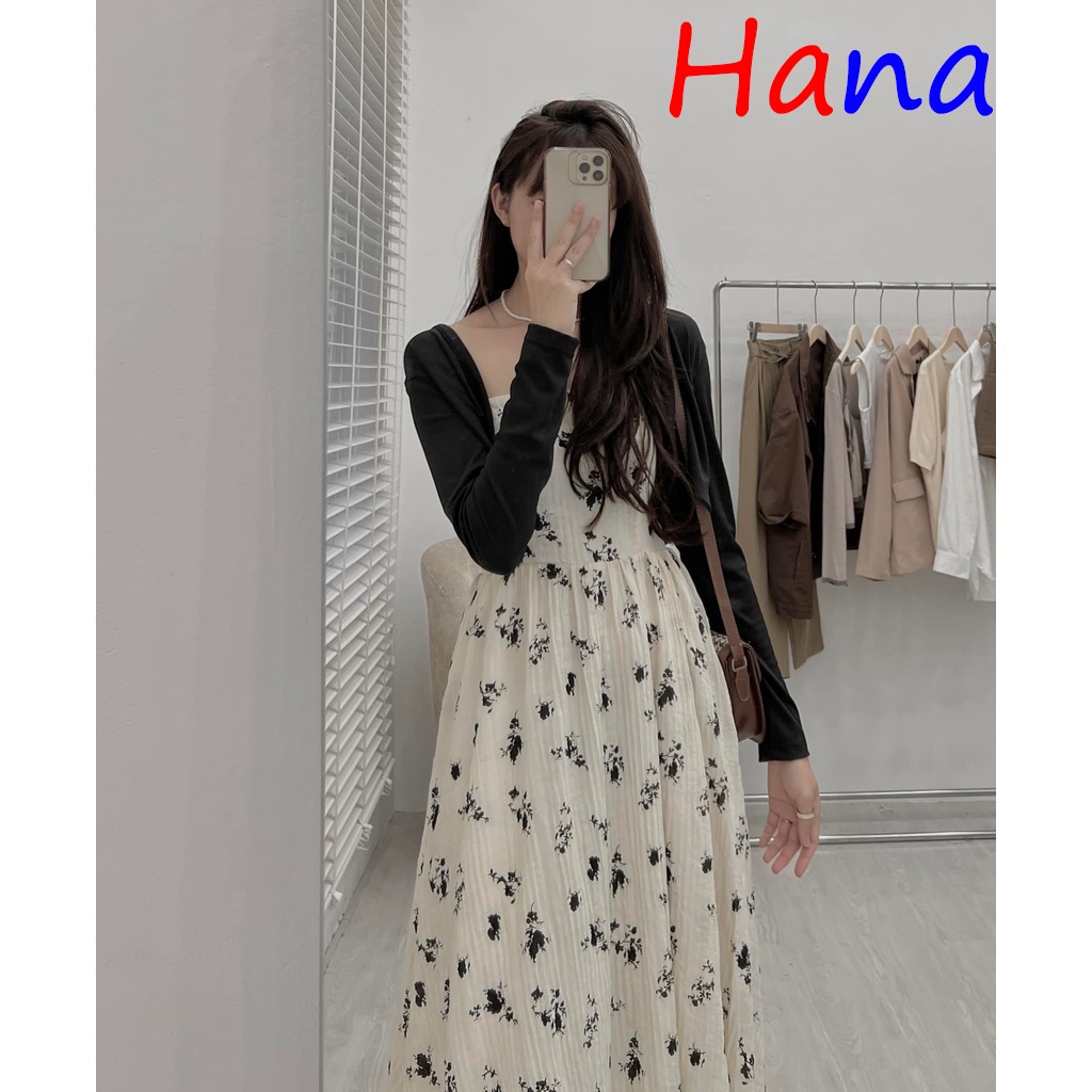 Váy hai dây hoa nhí lưng chun kèm áo cardigan croptop- Hana06
