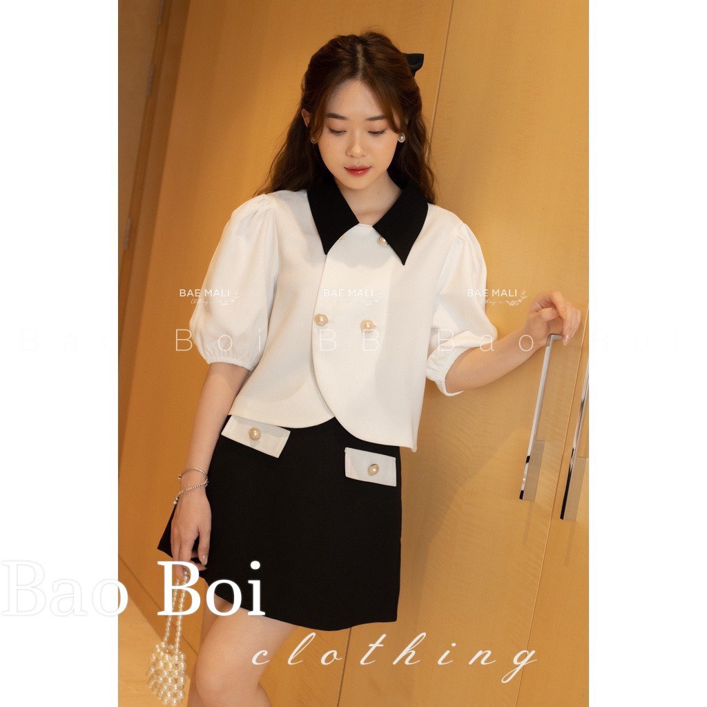 Set Áo Pha Cổ Có Cúc + Chân Váy Ngắn Phù Hợp Cho Các Chị Em Mặc Đi Chơi, Đi Làm