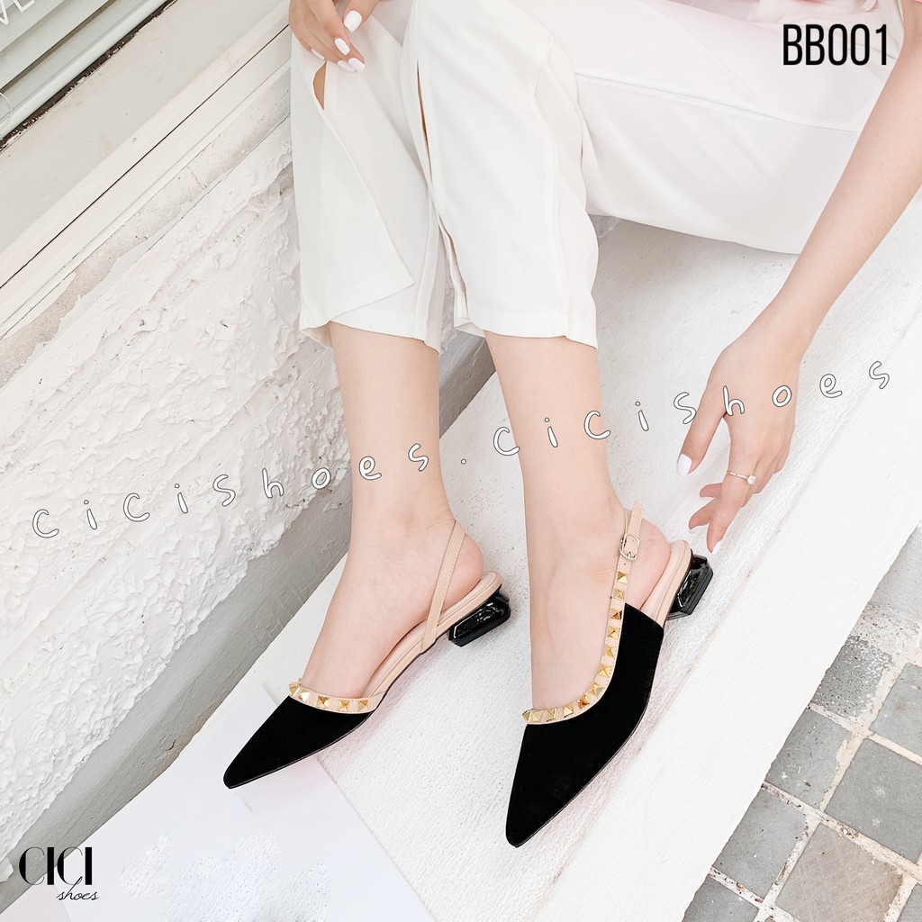 Giày búp bê nữ CiCi Shoes 1cm mũi nhọn, giầy nhung đinh tán khoét eo - BB001