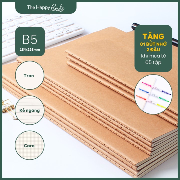 Sổ ghi chép phong cách Muji B5 giấy kraft vintage Bìa nâu, Màu giấy bảo vệ mắt - The Happy Birds