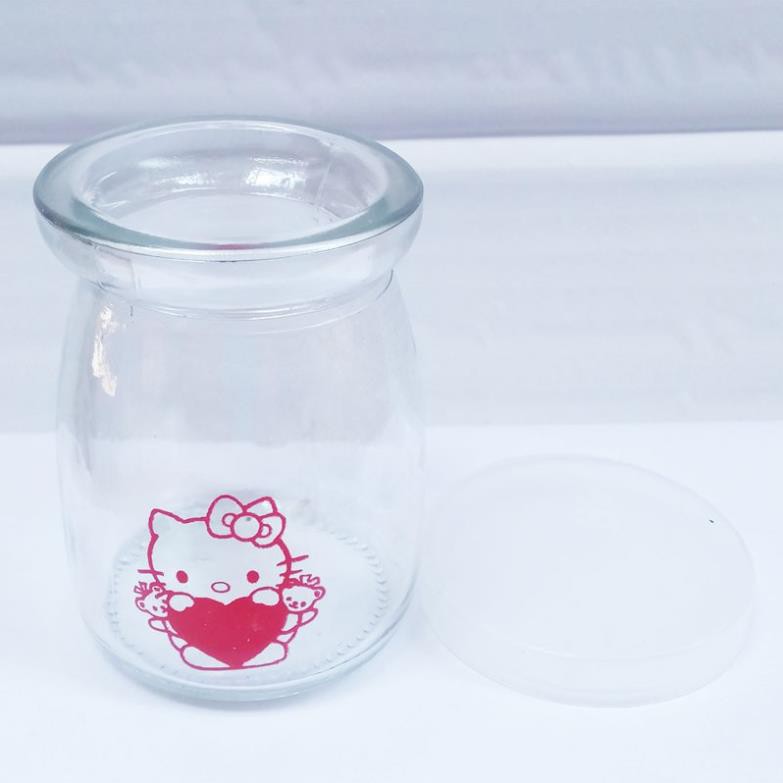 Bộ 12 hũ thủy tinh làm sữa chua 100ml , có nắp đậy, in hình Hello Kitty- Gigamart