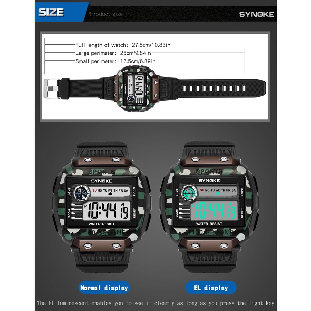 Đồng hồ nam SYNOKE Big Dial Digital 50M Đồng hồ điện tử phát sáng chống nước Đồng hồ thể thao