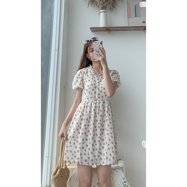 Đầm [Liamstores] Váy Cúc Tím Nền Trắng Tay Bồng | BigBuy360 - bigbuy360.vn
