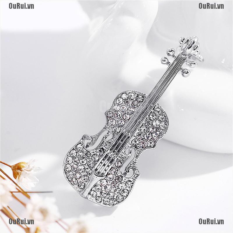 {FCC}Trâm cài hình cây đàn violin mạ vàng bạc đính đá thời trang{OuRui.vn}