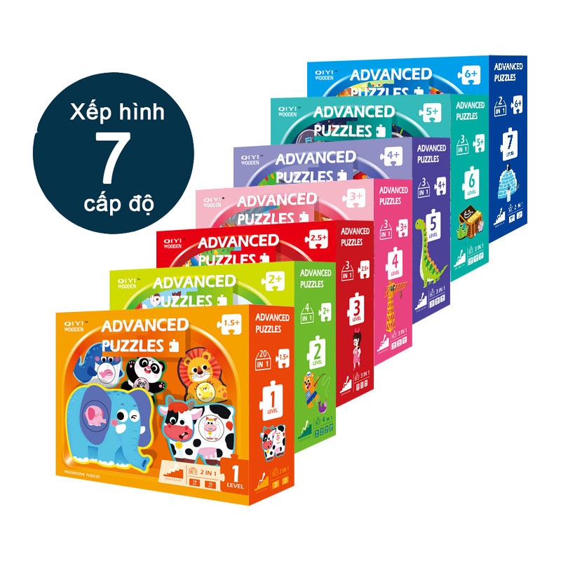 Bộ đồ chơi xếp hình, ghép hình gỗ thăng cấp 7 cấp độ cho bé từ 2-7 tuổi, Đồ chơi gỗ giáo dục thông minh Montessori