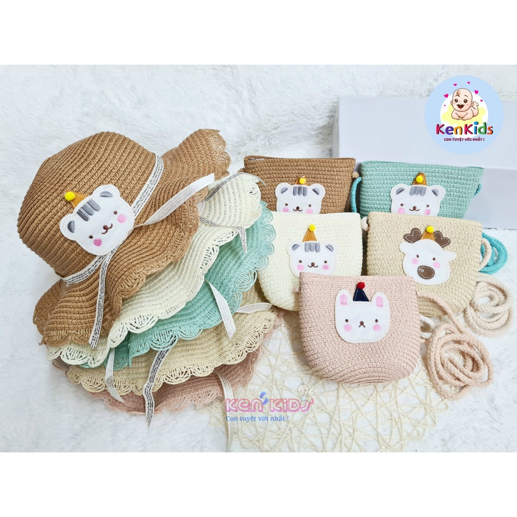 Set Nón mũ cói kèm túi xách hình động vật đáng yêu cho bé gái (2-6t)