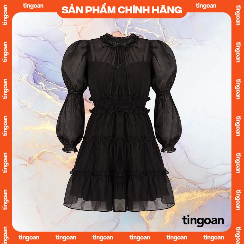 Váy liền tơ xòe co giãn 3 tầng nơ cổ đen  tingoan DARK BLOOM DRESS /BL FREESIZE | BigBuy360 - bigbuy360.vn