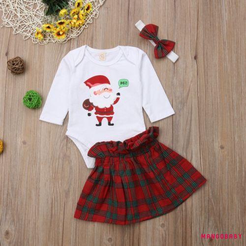 Set áo ngắn tay in hình ông già Noel liền quần tã + váy kèm băng đô nơ dễ thương cho bé gái