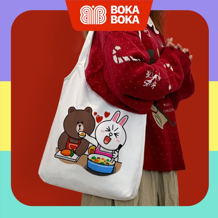 Túi vải nữ canvas Quai Tròn In Hình Cặp Đôi Gấu Brown và Thỏ Cony Dễ Thương 1