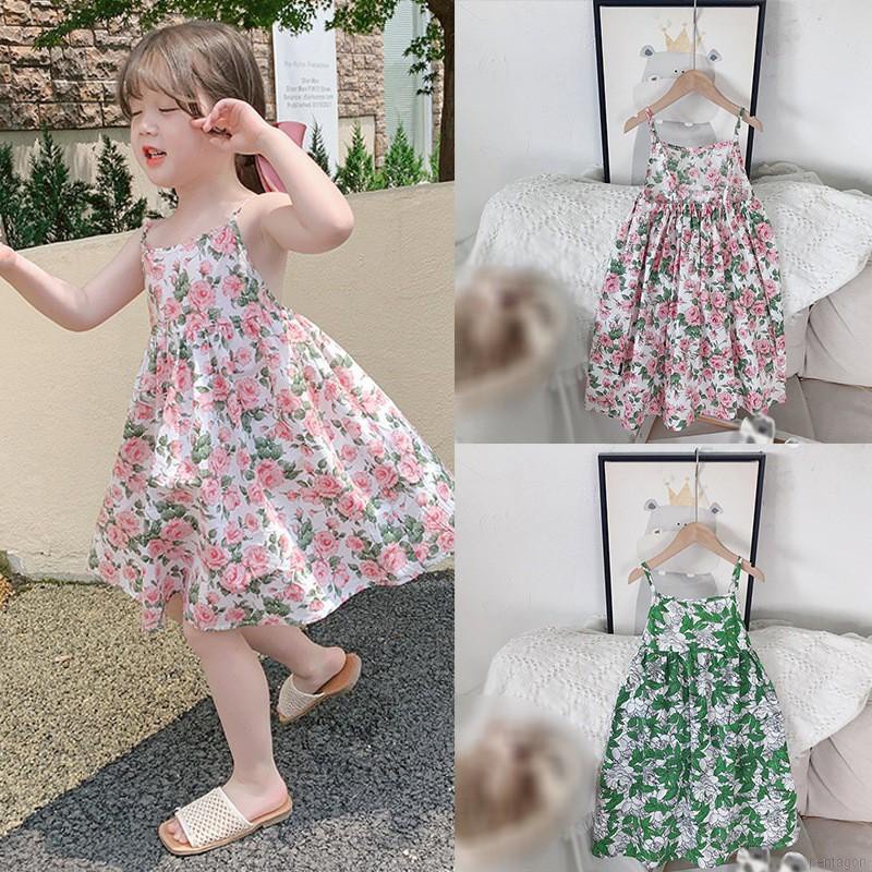 Đầm Công Chúa Hai Dây Hở Lưng In Hoa Phong Cách Hàn Quốc Cho Bé Gái