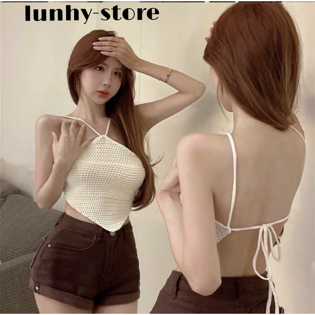 Áo Yếm Hai Dây Dáng Croptop Chất Thun Dày Dặn Co Giãn Áo Kiểu Yếm Choàng Cổ Croptop Nữ Đẹp Ôm Body Hở Lưng Cực Sexy