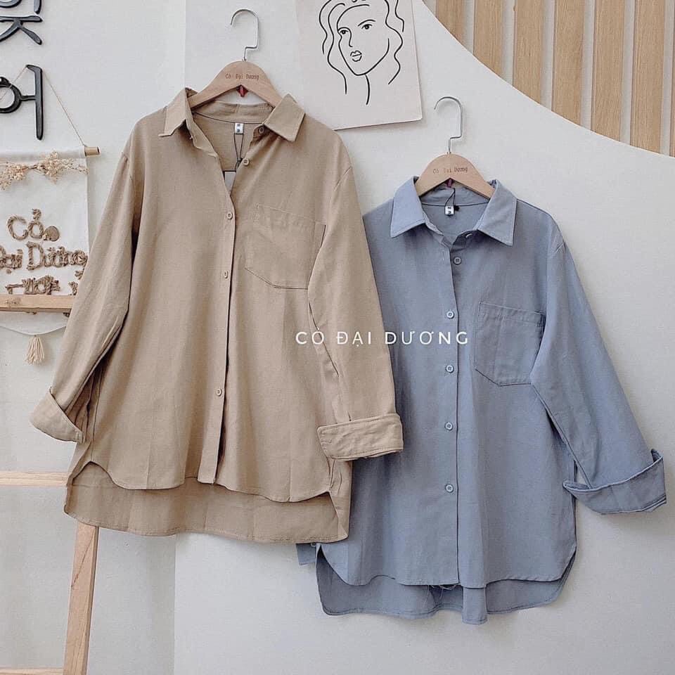 Áo sơ mi nữ dài tay TRƠN Basic Unisex Dáng Rộng Trắng và Xanh, Nâu Kiểu áo sơ mi nữ tay dài form rộng ( Đũi )