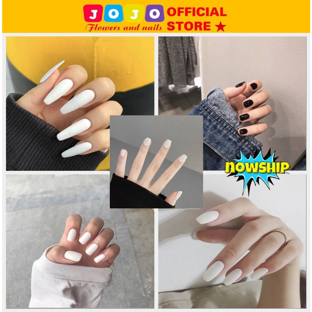 Set 24 móng tay giả màu trắng ngắn vuông Jojo CS112 móng giả nailbox đẹp trẻ trung năng động cá tính có kèm keo tự gắn