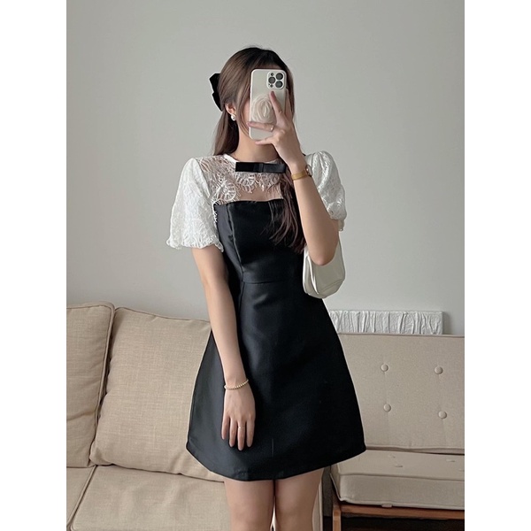 Váy gấm cổ pha ren đính nơ đen tiểu thư