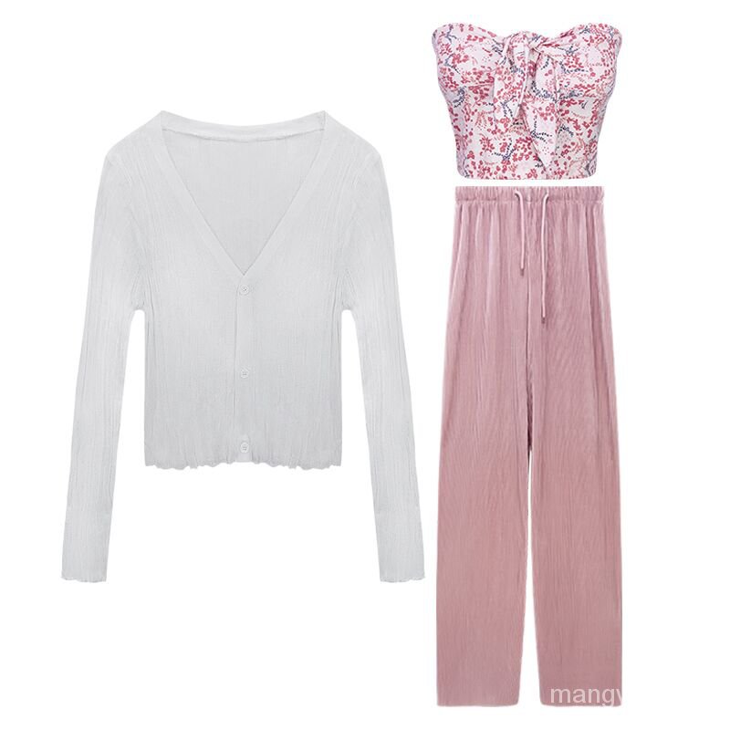 Set Áo Hoa Trễ Vai + Áo Khoác Cardigan + Chân Váy Xếp Ly Xinh Xắn Cho Nữ | BigBuy360 - bigbuy360.vn