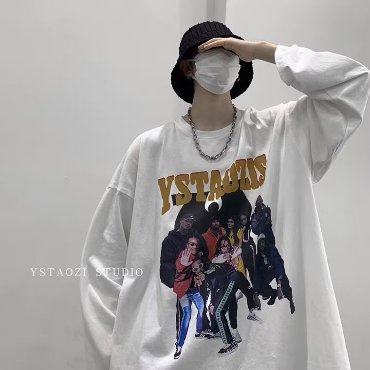 Áo Thun Tay Dài Cổ Thuyền Dáng Rộng In Chữ Hoạt Hình Phong Cách Hàn Quốc Thời Trang Cho Nam Và Nữ Size M-5XL