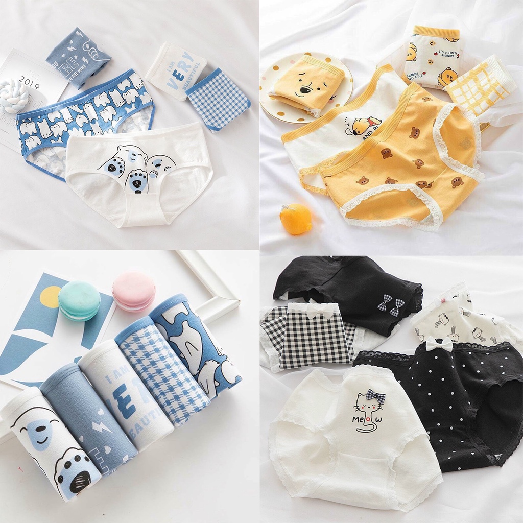 (QLW15) SET 4 Quần Lót Cotton Nữ Sinh Cute Dễ Thương Combo 4 Quần Chip Cạp Thấp Nâng Mông Thông Hơi viền ren