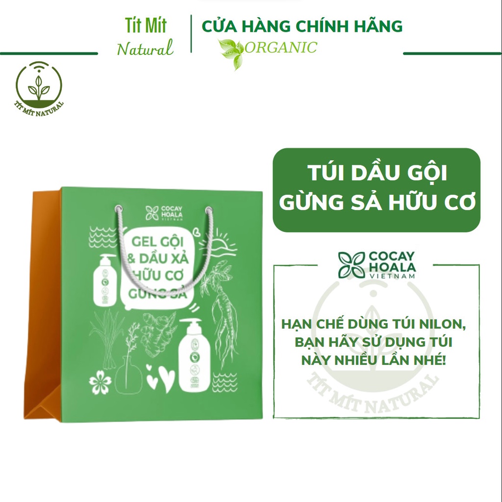 Túi giấy quà tặng cao cấp Gel gội xả Gừng Sả hữu cơ Cocayhoala mẫu đẹp, túi đựng quà in hình dễ thương màu xanh lá cây