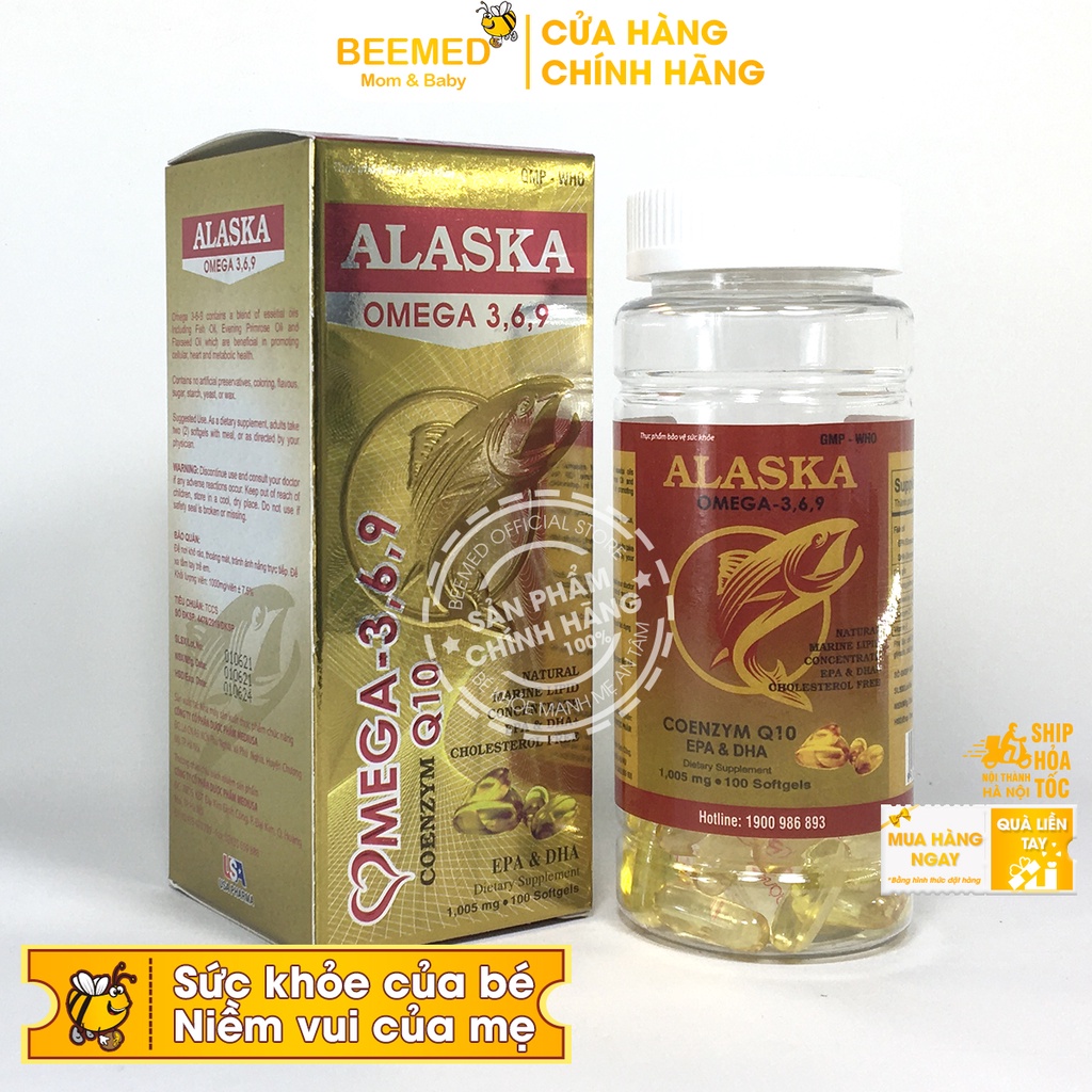 Dầu cá Alaska Hộp 100v bổ sung Omega 3 6 9, DHA EPA, có thêm dầu hoa anh thảo và coenzym q10, bổ mắt và tim mạch