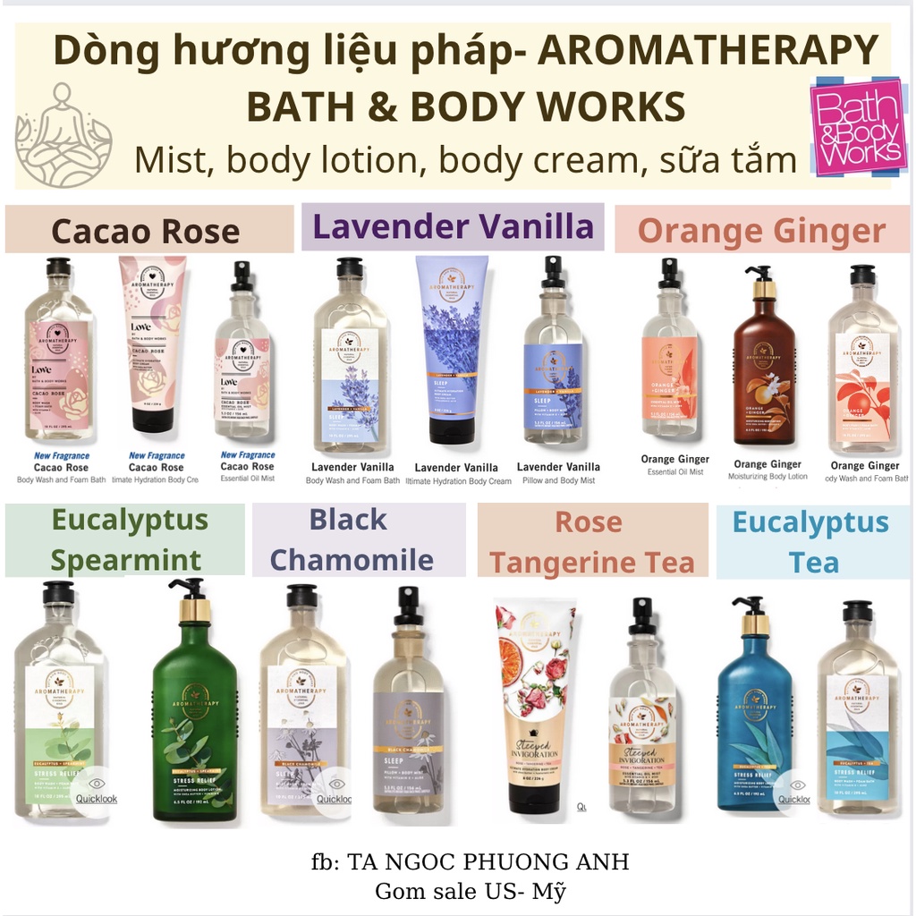 Dòng hương liệu pháp cao cấp  Bath and Body Works sữa tắm, mist, body lotion, body cream